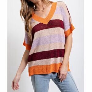 New With Tags | Easel Color Block Striped Short Sleeve Sweater | Size Small